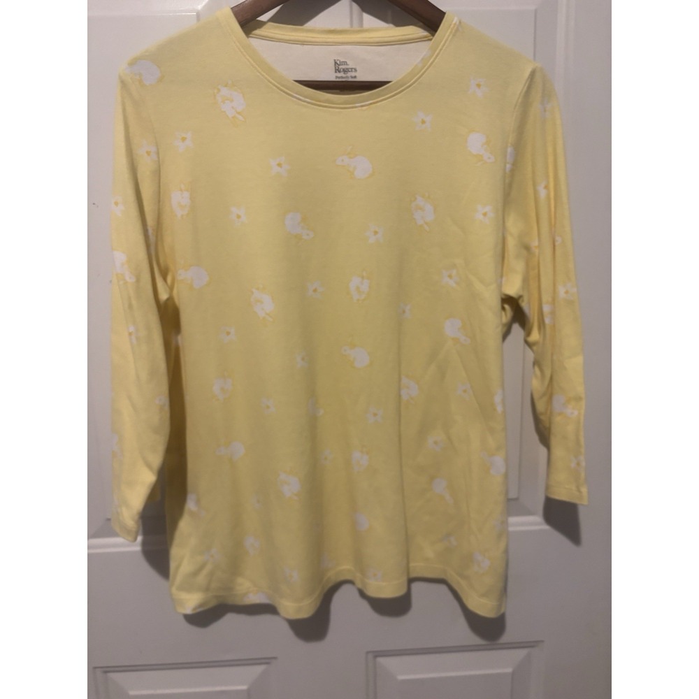 Kim Rogers Top Shirt Women's Perfectly Soft Bunny Yellow Easter  XL 100%‎ Cotton
